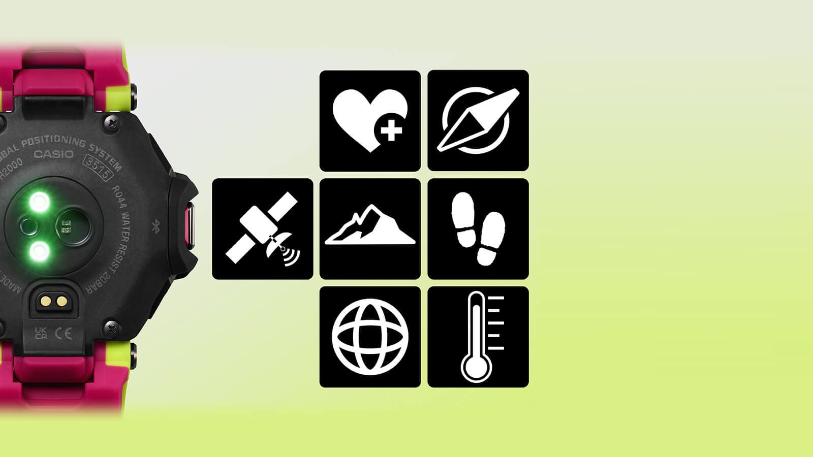 Die Casio G-Squad GBD-H2000-1A9 Solaruhr von hinten mit grün strahlendem optischen Sensor. Daneben die Icons für Herzfrequenzmessung, Kompass, GPS, Höhenmesser, Schrittzähler, Gyroskop und Temperatur