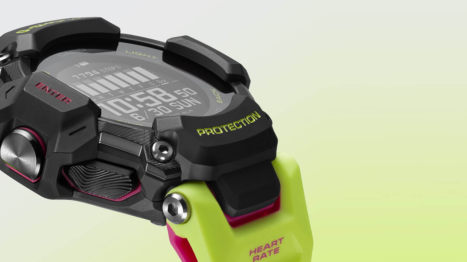 Nahaufnahme der Casio G-Squad GBD-H2000-1A9 Outdooruhr mit seitlichem Blick auf auf Lünette, Display und die Stelle, an der das Armband auf das Gehäuse trifft.