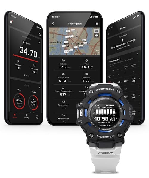 Vorne: Die Casio G-Squad GBD-100-1A7 Laufuhr, dahinter: Drei Smartphone-Displays mit verschiedenen Ansichten der G-SHOCK Move App