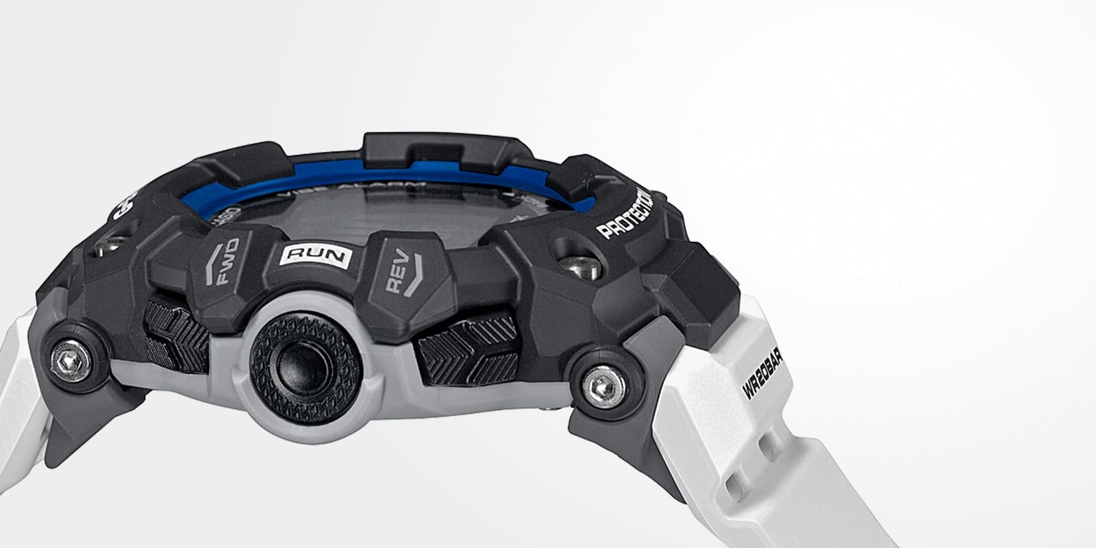 Blick auf die Gehäuseseite der Casio G-Squad GBD-100-1A7 Sportuhr mit ihren Knöpfen und Schrauben