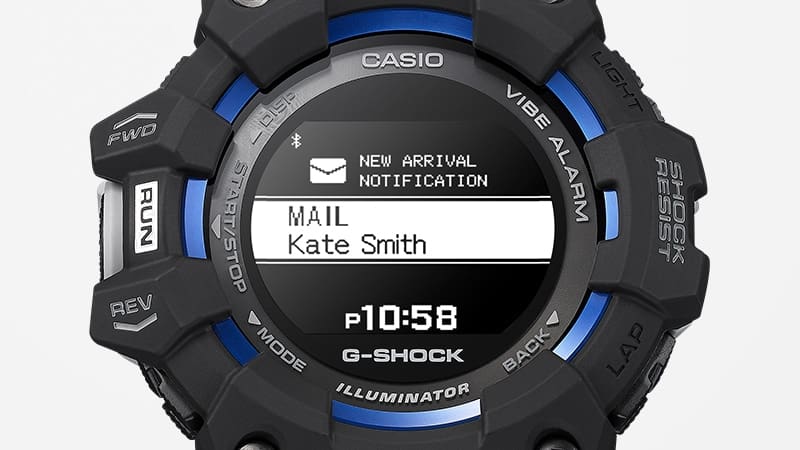 Das Display einer Casio G-Squad GBD-100-1 Bluetooth®-Uhr zeigt den Eingang einer E-Mail an