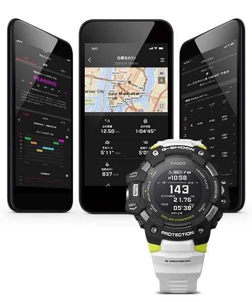 Drei Smartphone-Displays mit verschiedenen Ansichten der G-Shock Move App, davor eine Casio G-Squad GBD-H1000-1A7 Sportuhr
