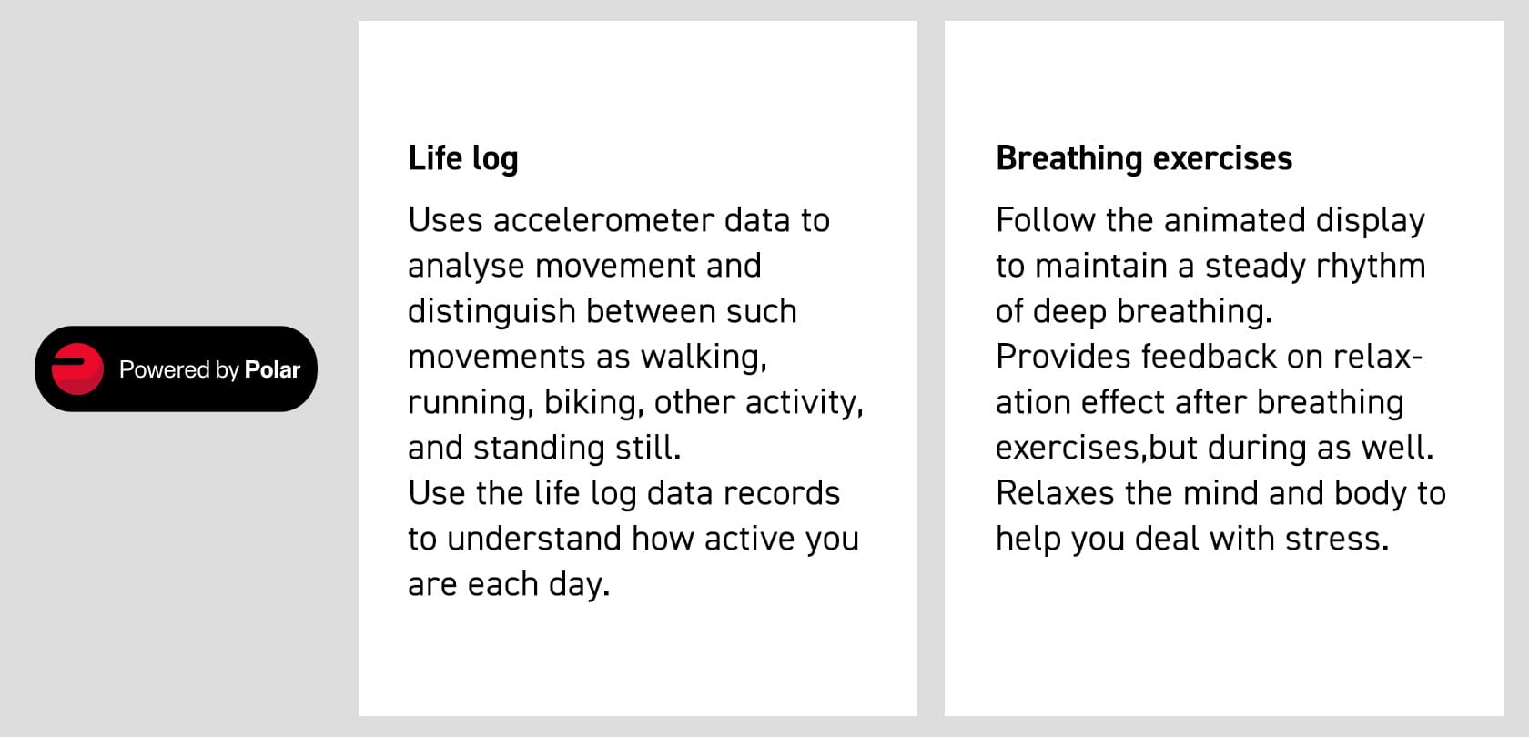 Neben dem Logo "Powered by Polar" stehen Erläuterungen für: Life log, Breathing exercises