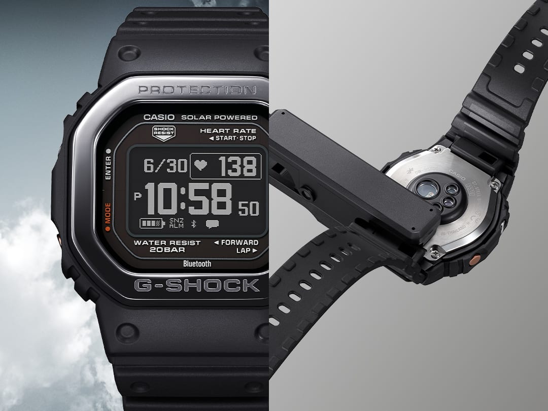 Links: Die schwarze Casio G-Squad DW-H5600MB-1 Sportuhr vor einem leicht bewölkten Himmel, rechts: Blick auf die Rückseite der Uhr, während sie über USB geladen wird