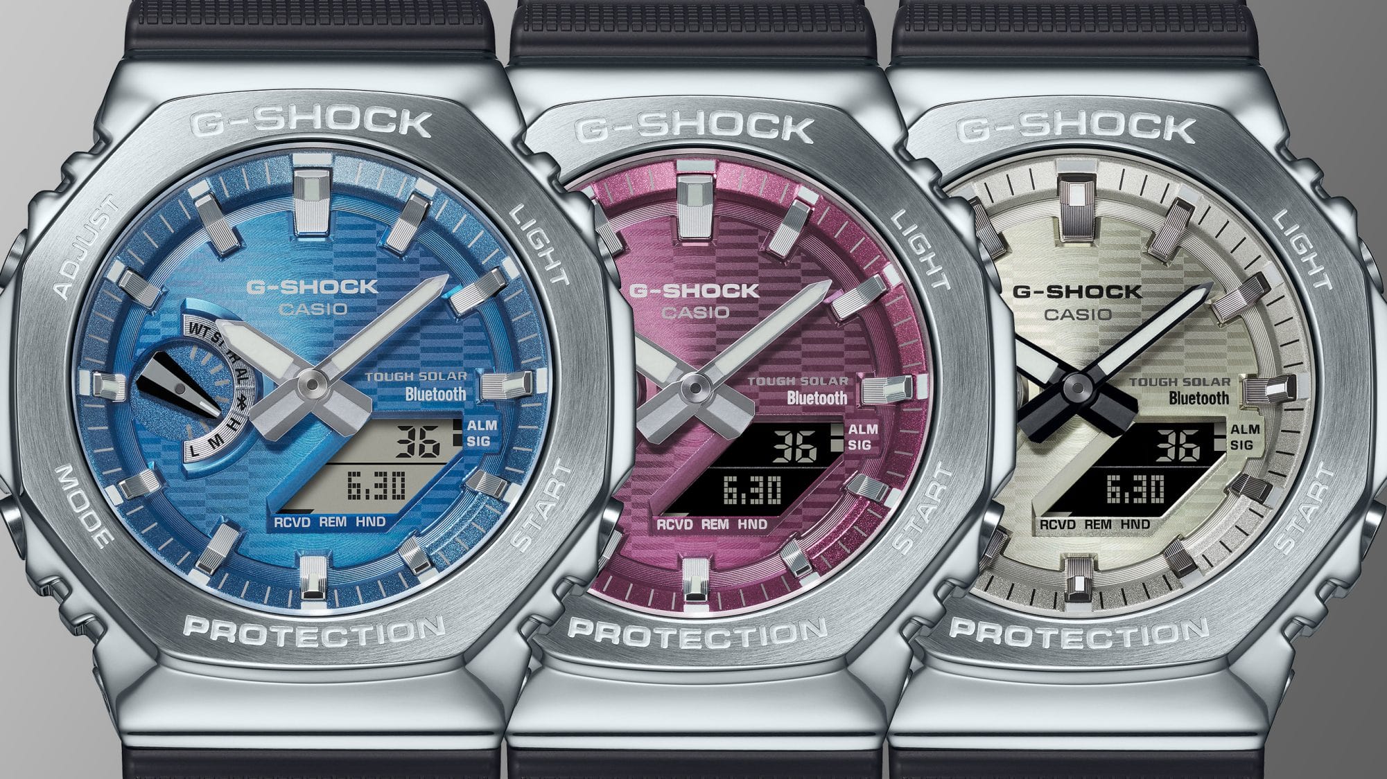 Nahaufnahme der drei kontrastreichen analogen Zifferblätter der G-SHOCK GBM-2100 Uhren