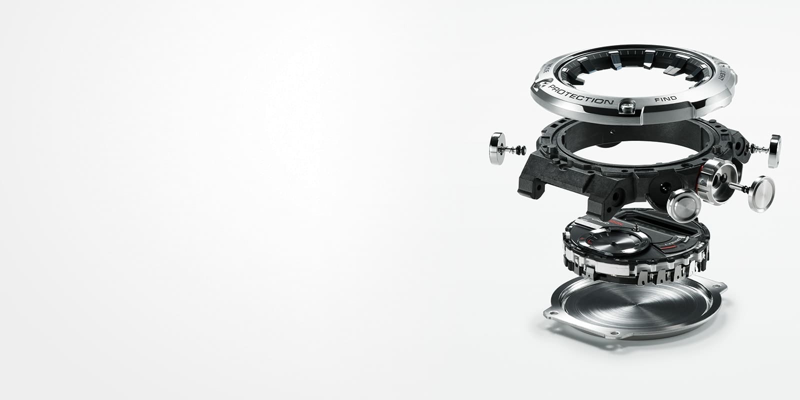 Gehäusekomponenten der Casio G-Steel GST-B200 Armbanduhr einzeln übereinander dargestellt