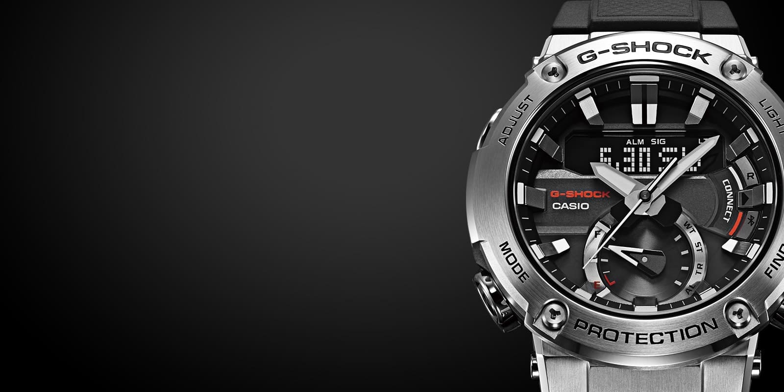 Eine Casio G-Steel GST-B200 Armbanduhr mit silbernem Edelstahlgehäuse und schwarzem Zifferblatt