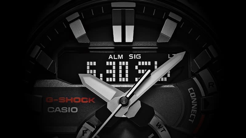 Detailaufnahme der Zeiger des Casio G-Shock GST-B200 Chronographen