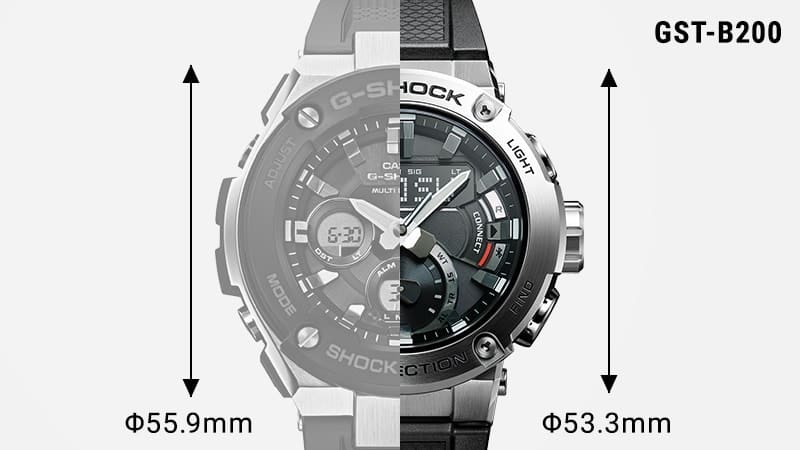 Größenvergleich des bisherigen G-Steel-Gehäuses (55,9 Millimeter Durchmesser) mit dem der neuen Casio G-Steel GST-B200 (53,3 Millimeter Durchmesser)