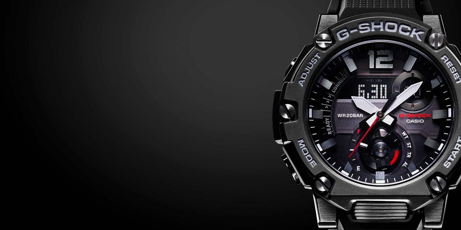Nahaufnahme einer schwarzen Casio G-Steel GST-B300 Armbanduhr