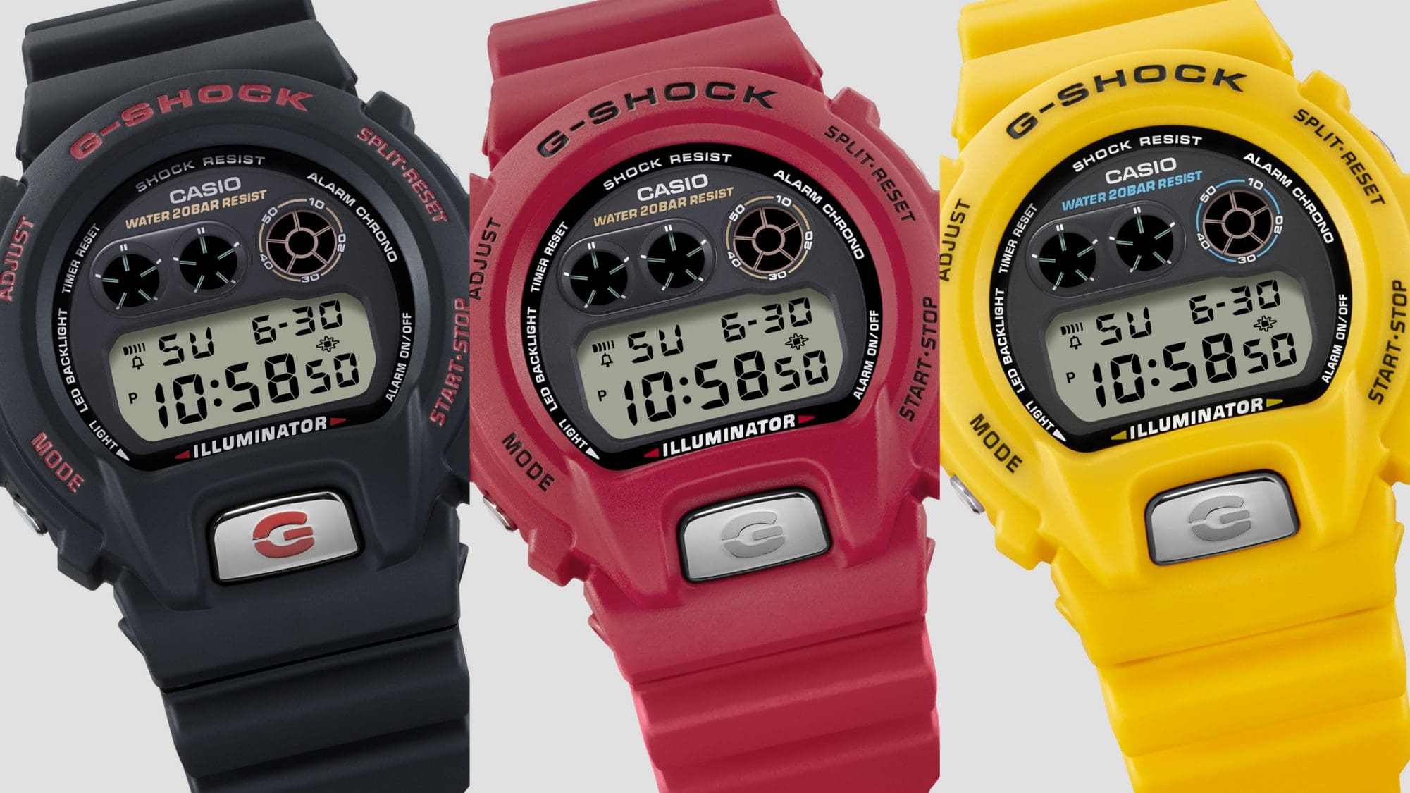 Neu aufgelegte Farbpalette der 6900er Digitaluhren von G-SHOCK in Schwarz, Rot und Gelb
