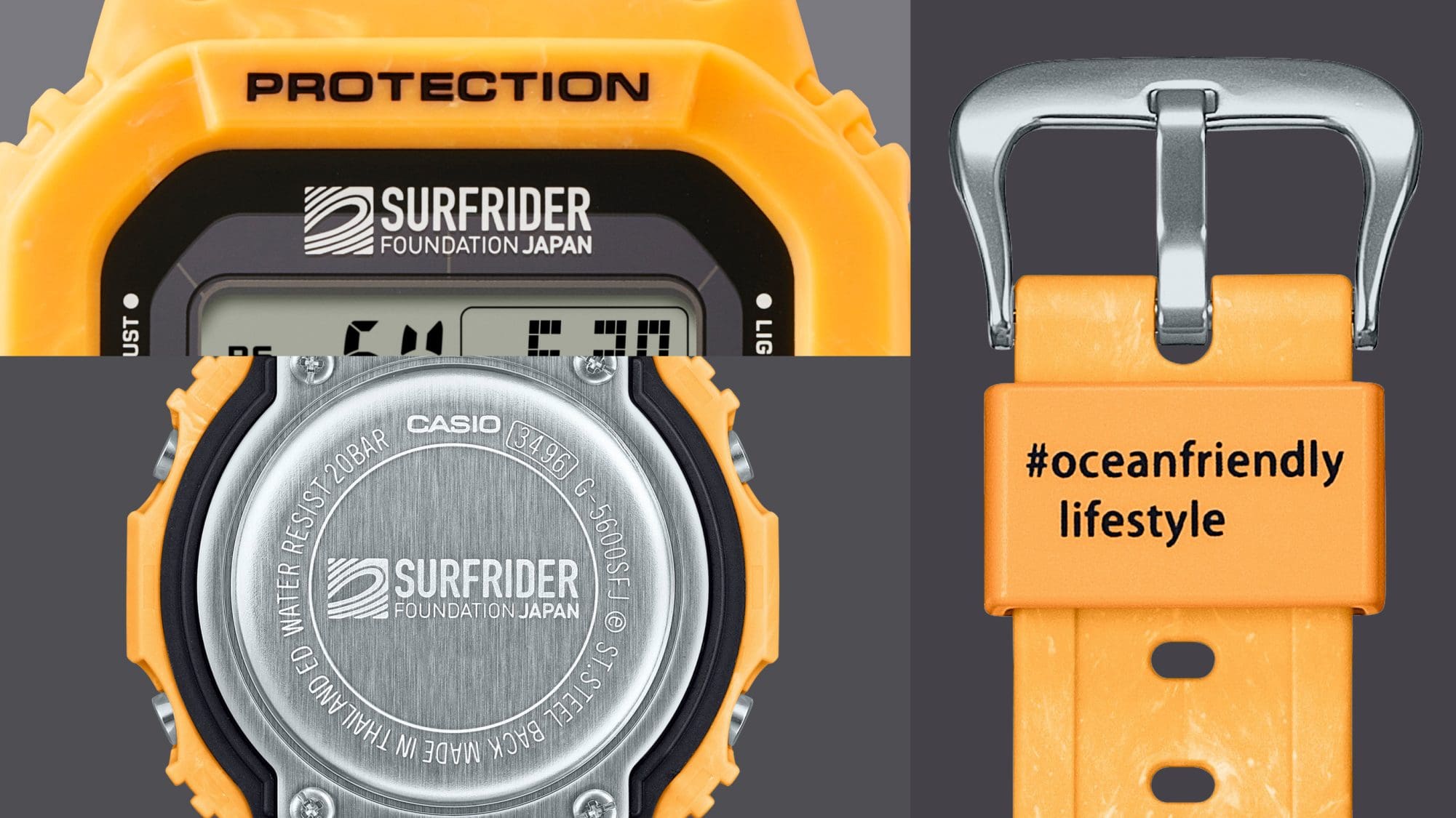 Collage aus verschiedenen Blickwinkeln auf die Uhr der Surfrider-Kooperation mit eingraviertem Logo auf dem Gehäuseboden und dem Uhrengehäuse und aufgedruckter Botschaft auf dem Armband.