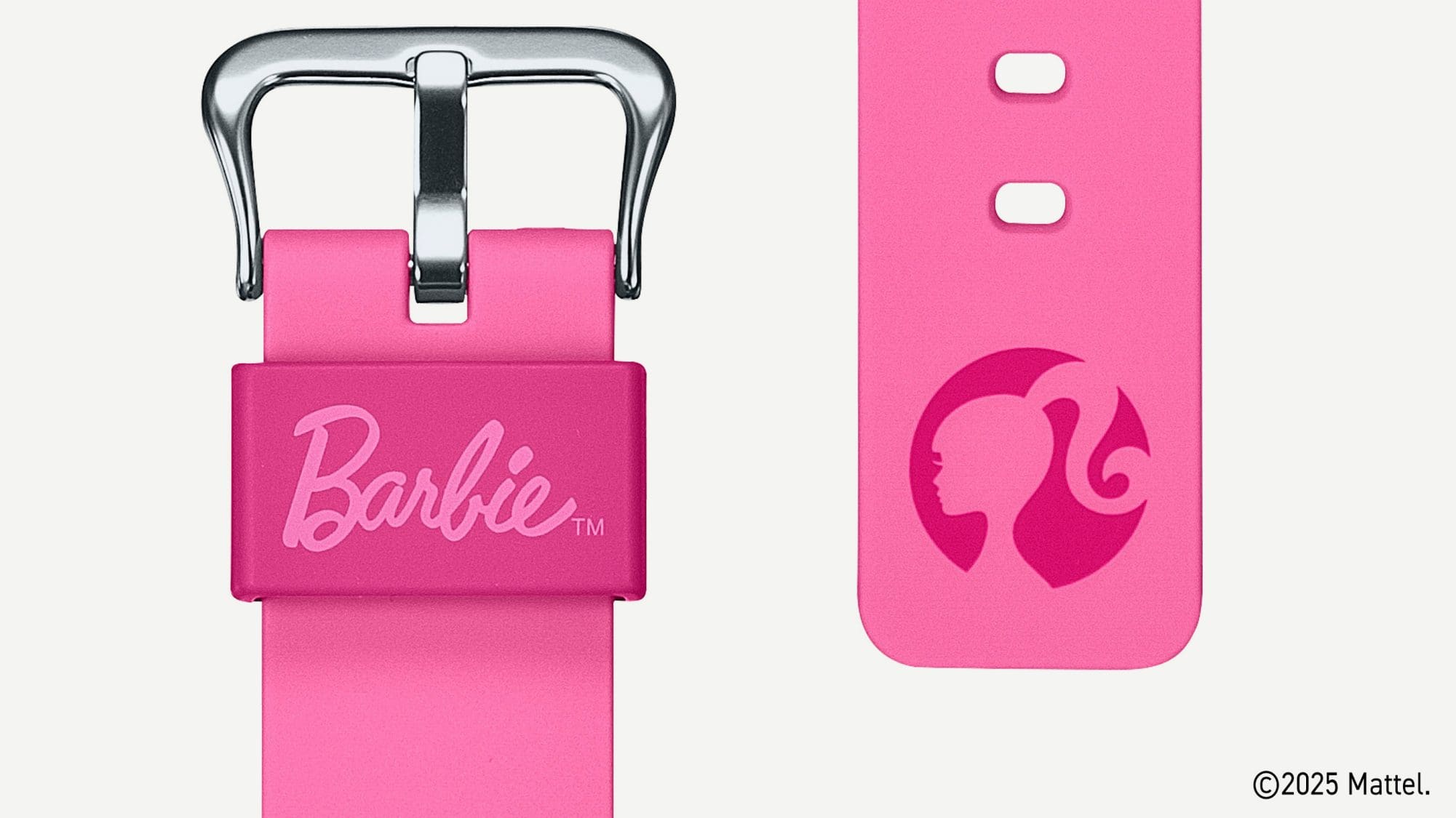 Das mit Barbie-Logo und Barbie-Outline bedruckte pinke Armband der G-SHOCK x Barbie Kollaborationsuhr.