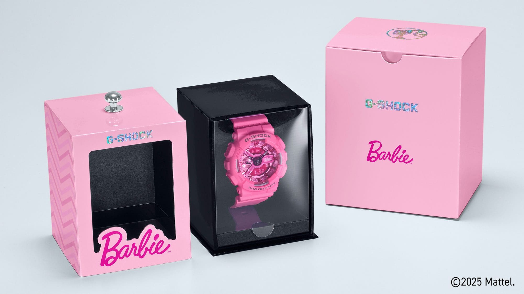 Spezielle Verpackung der GMA-S110 Armbanduhr in rosa und pink mit Barbie-Schriftzug.