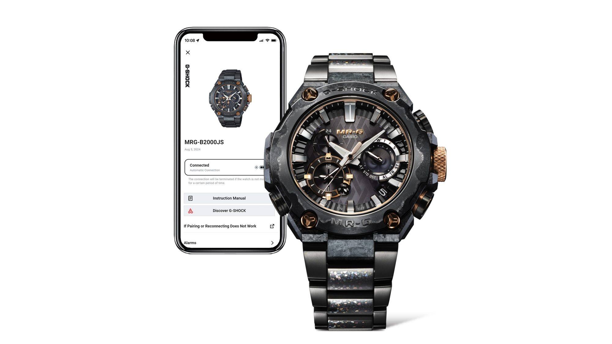 Ein Smartphone mit der Casio Watches App auf dem Bildschirm neben der G-Shock MRG-B2000JS Uhr mit Bluetooth® und Funksteuerung.