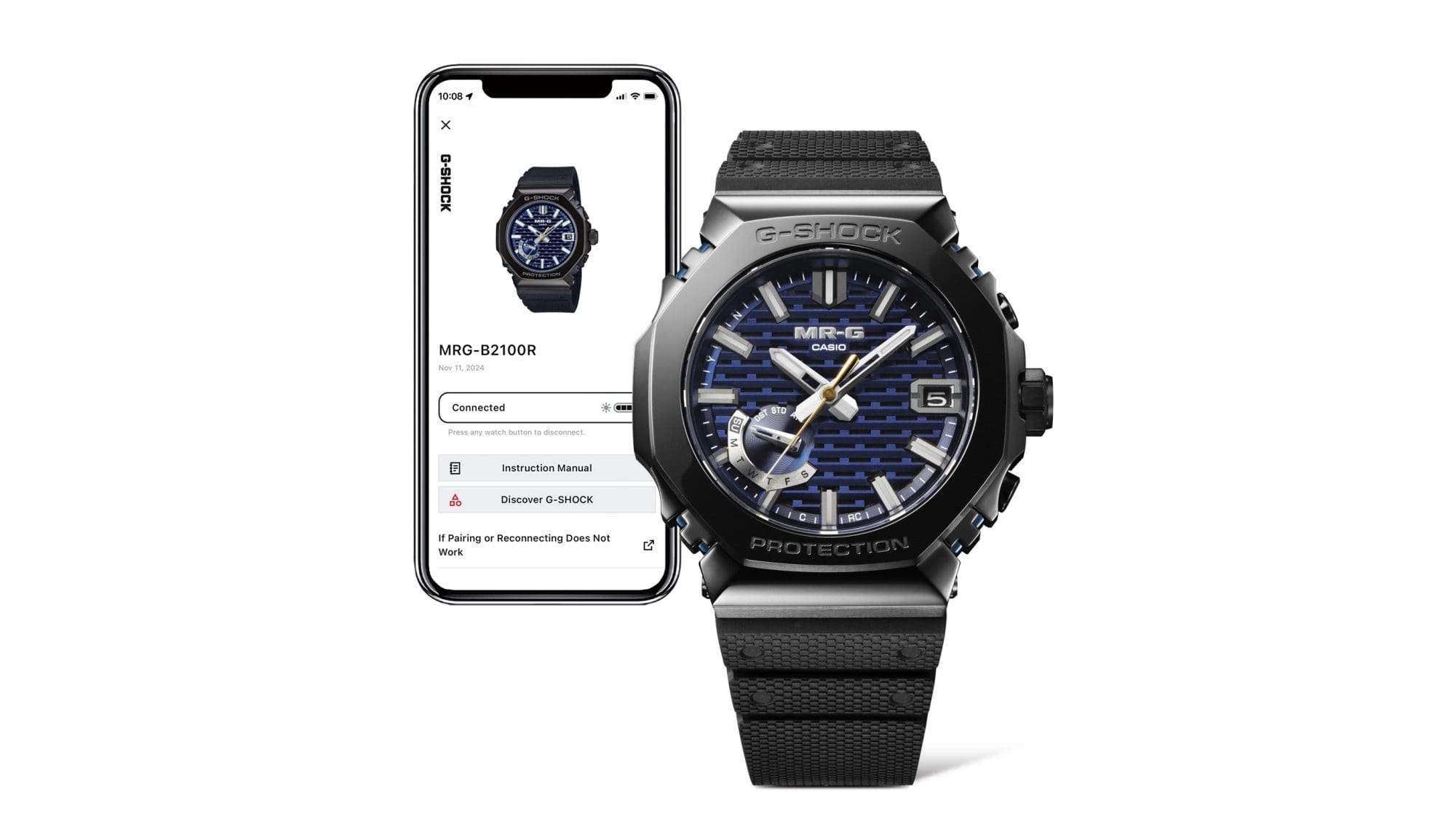 Schwarze Armbanduhr MRG-B2100R mit Bluetooth® und Funksteuerung neben einem Smartphone