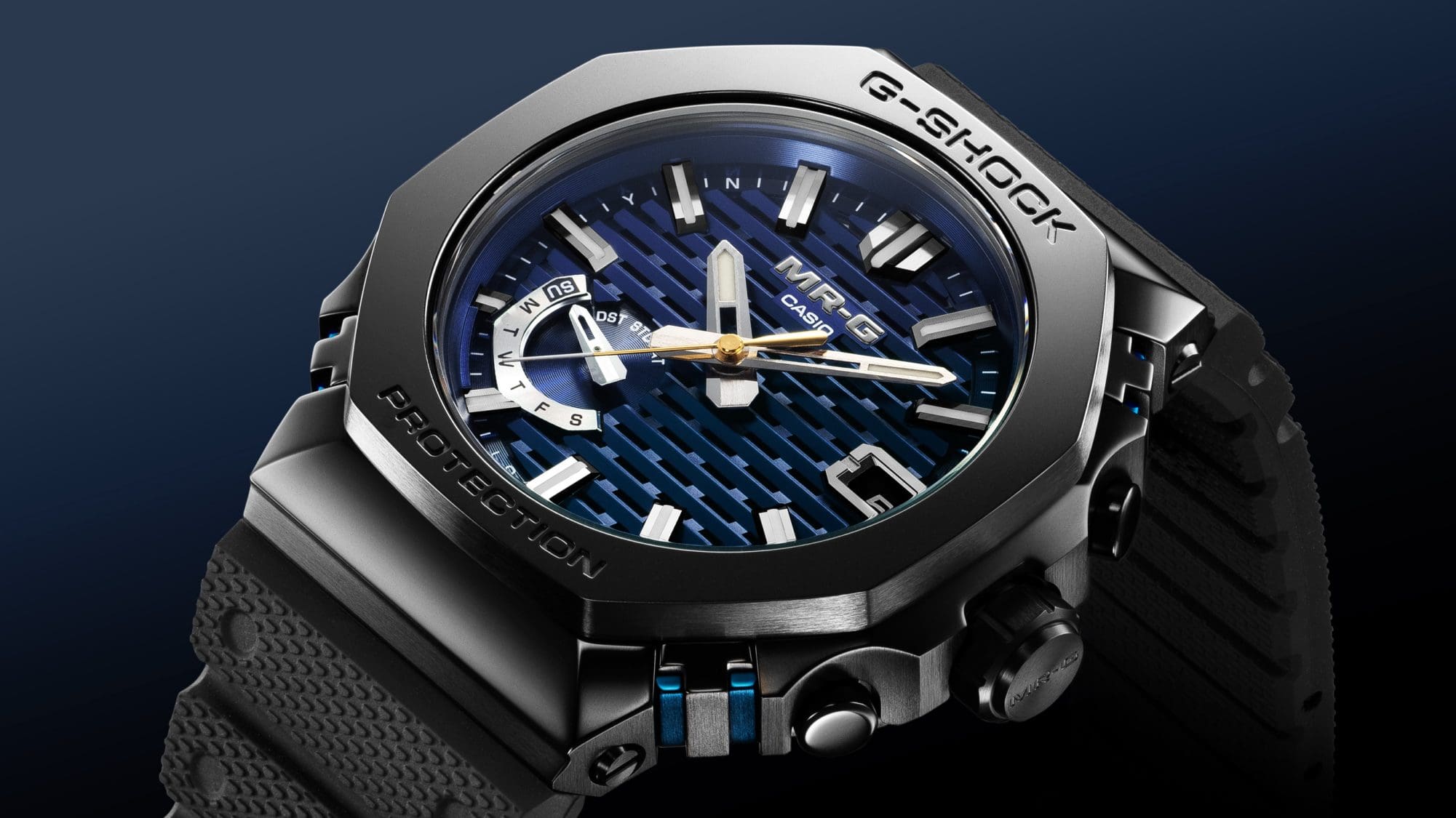 Seitenansicht der schwarz-blauen Vollmetalluhr MRG-B2100R-2A