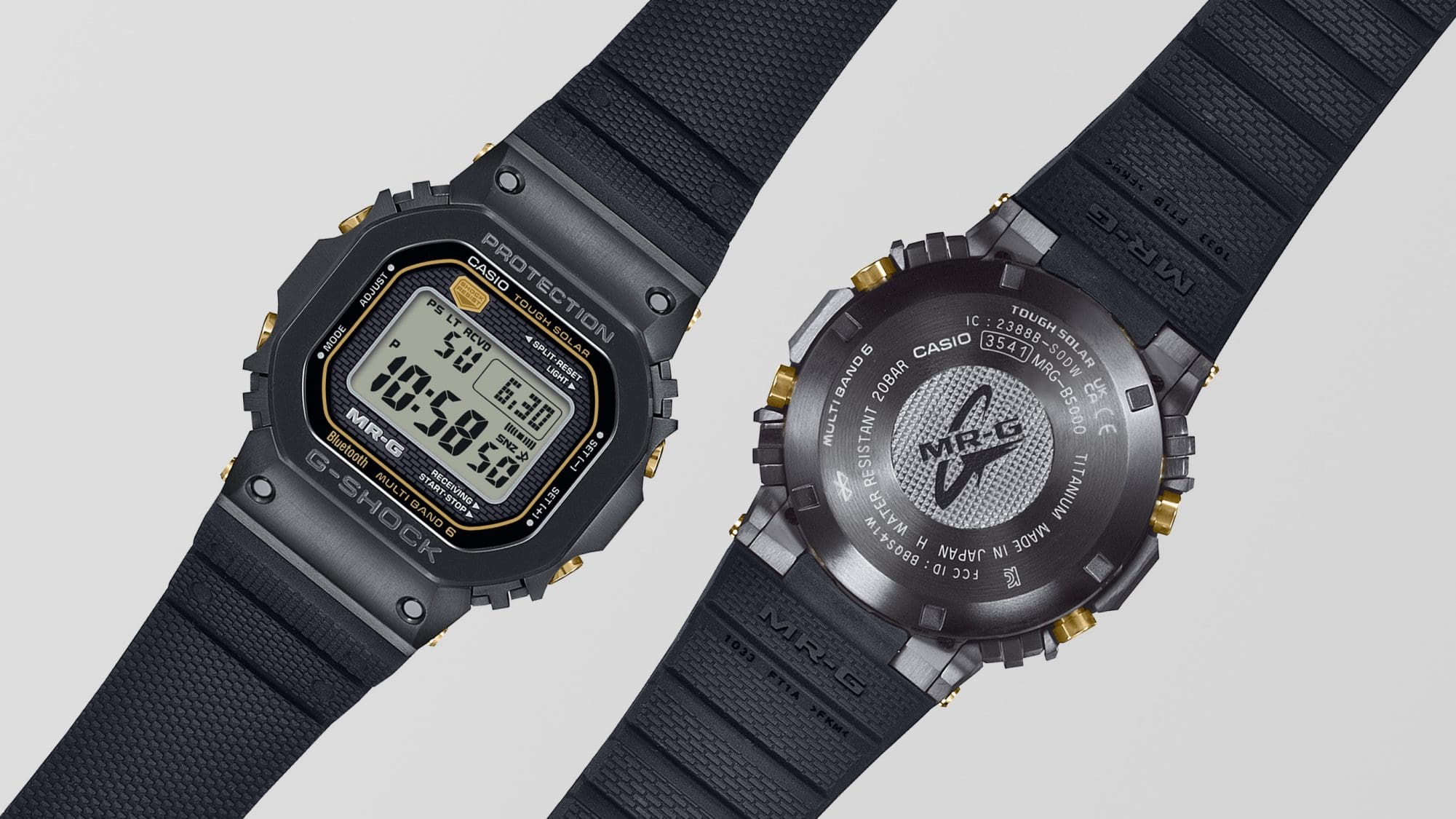 Die schwarze Casio G-Shock MRG-B5000R-1 Armbanduhr, einmal von vorne und einmal von hinten