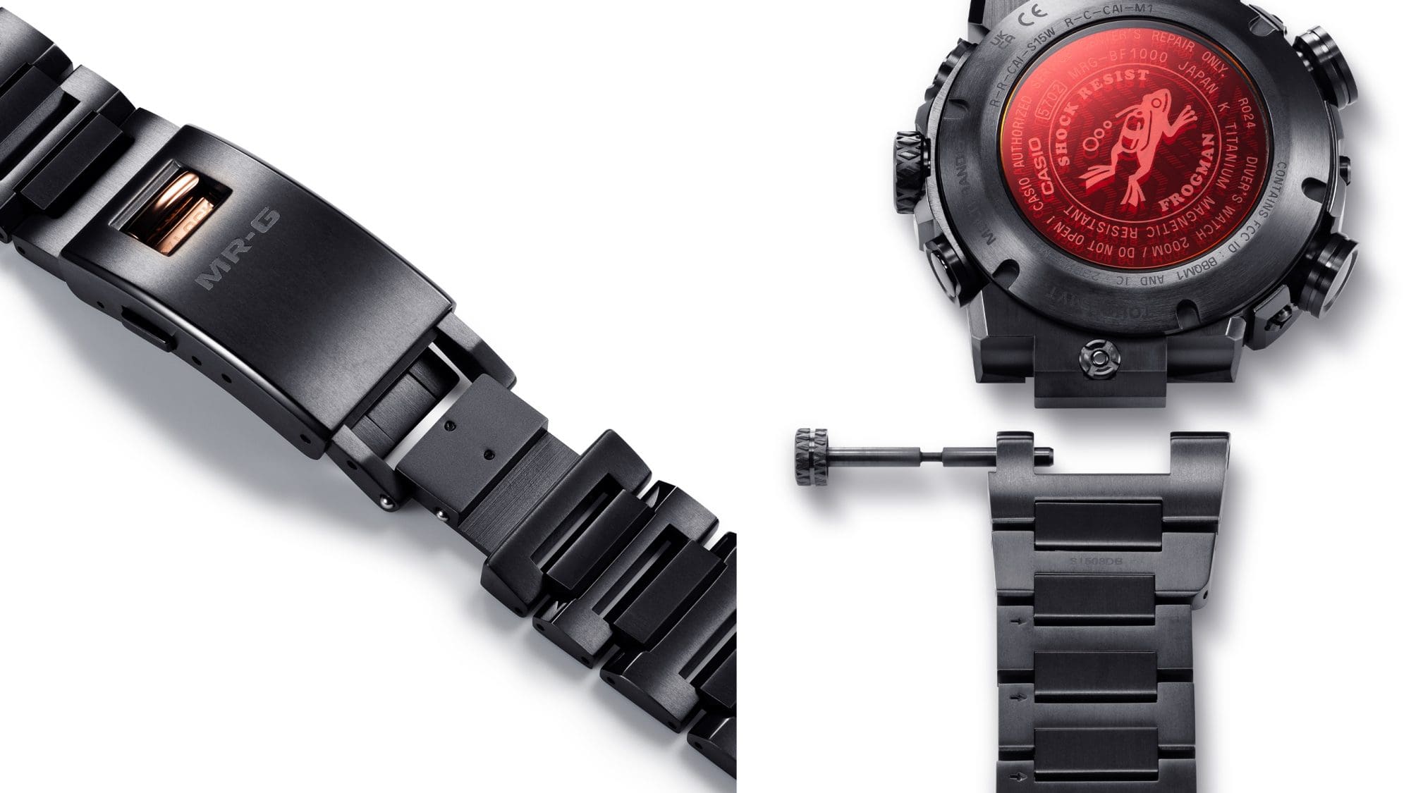 Links: Die verschiebbare Double-Lock-Dreifachschließe des Titanarmbands, rechts: Das Gehäuse der MRG-BF1000B-1A getrennt vom Armband, im Armband steckt noch der herausgezogene Befestigungsstift
