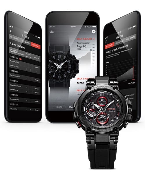 Drei Smartphone-Displays mit verschiedenen Ansichten der G-Shock-Connected-App, davor ein schwarzer Casio G-Shock MTG-B1000B-1A Chronograph