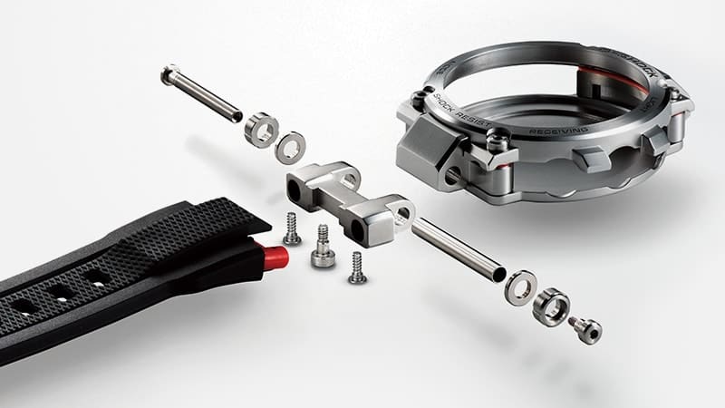 Einzelkomponenten des Armbands und des Gehäuses der MTG-B1000 Armbanduhr
