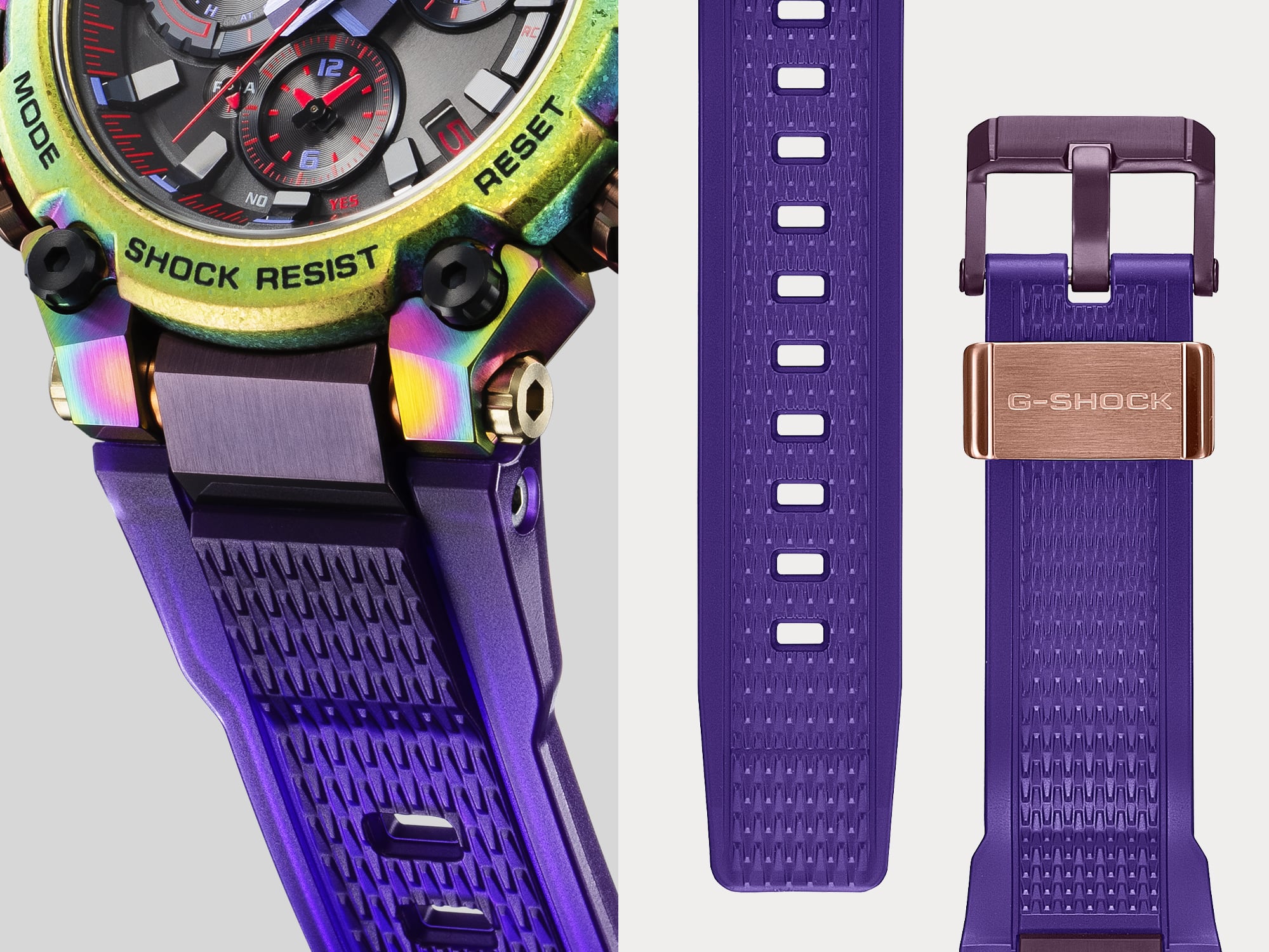 Close-Up auf das violette Resinarmband der MTG-B3000, mit Struktur und leicht schimmerndem Effekt
