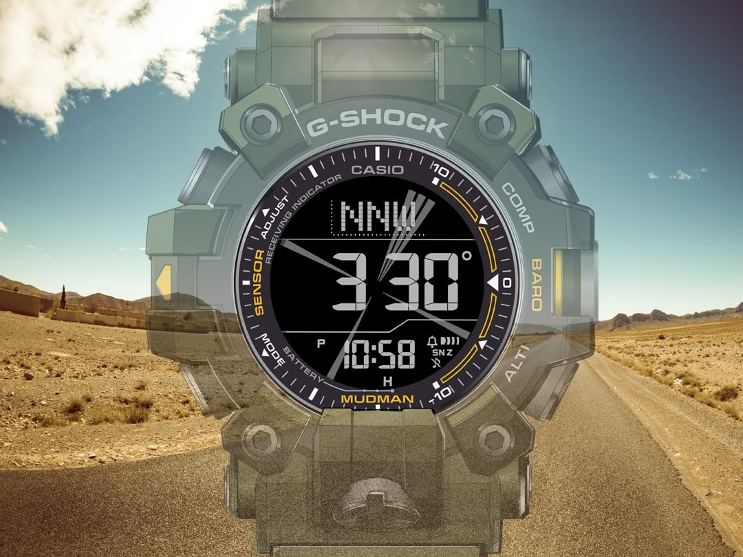Das Display einer GW-9500-3 Armbanduhr mit Kompassanzeige
