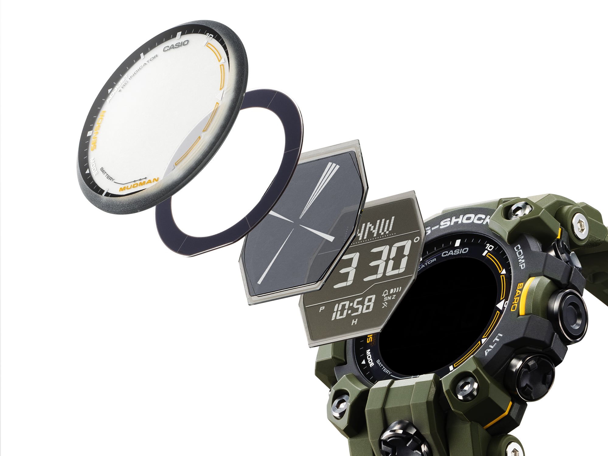 Die einzelnen Bestandteile des Displays einer Mudman GW-9500 Multifunktionsuhr