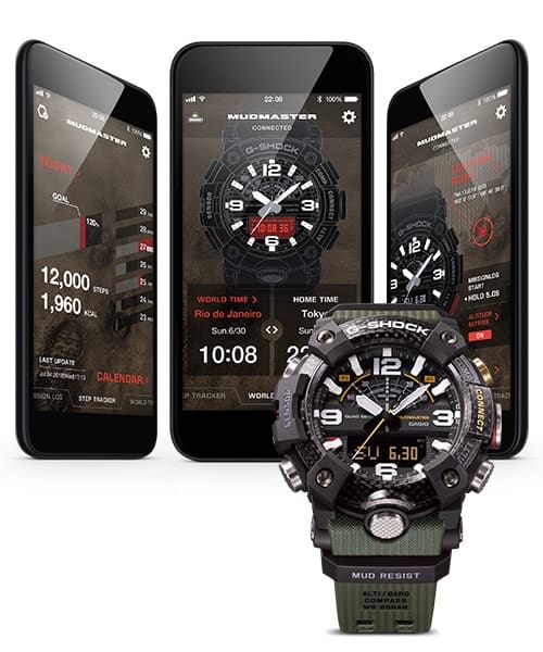 Drei Smartphones mit verschiedenen G-Shock-Connected-App-Screens, davor eine Casio Master of G GG-B100-1A3 Outdoor-Uhr