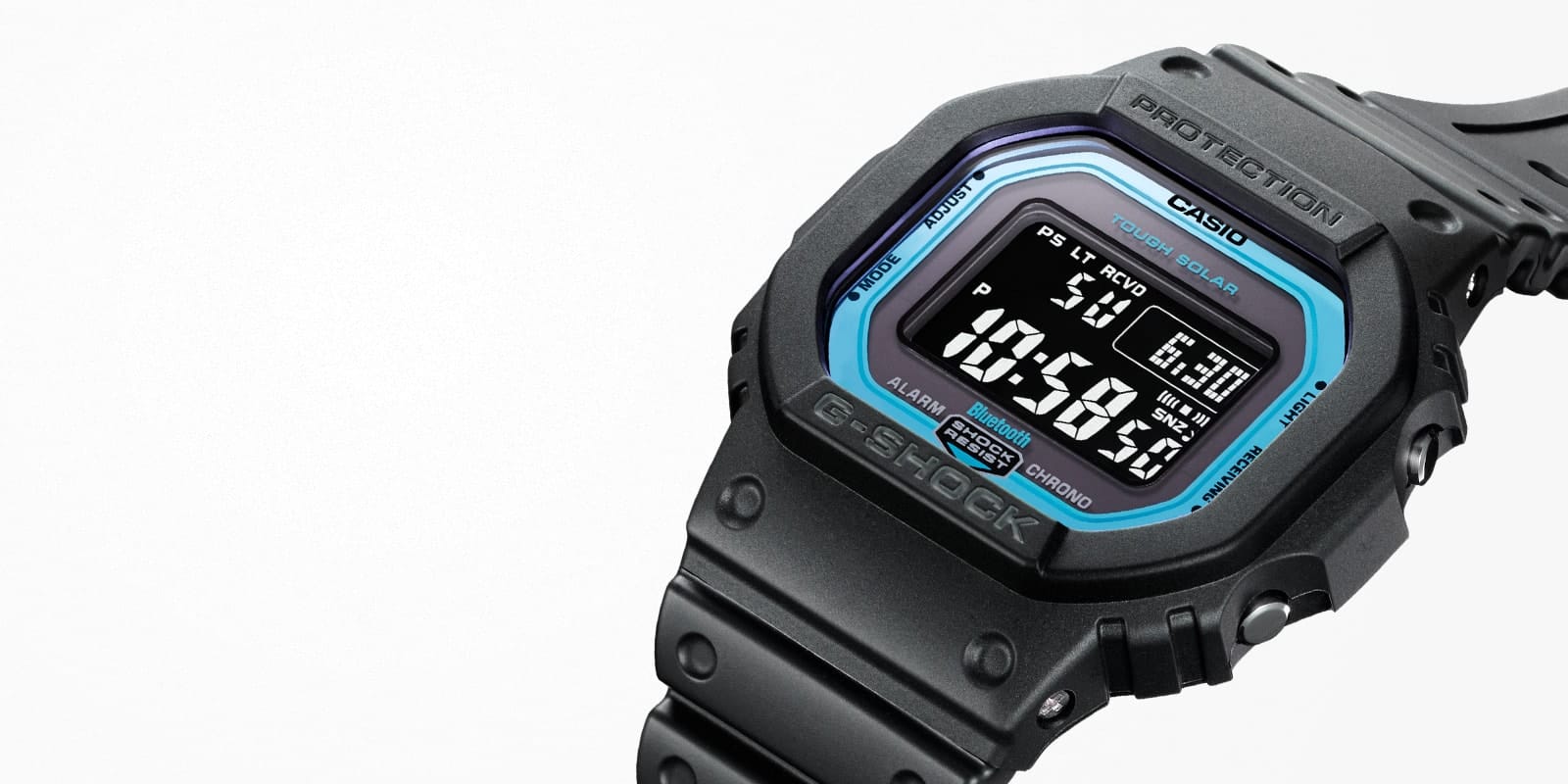 Die schwarze Casio G-Shock GW-B5600-2 Armbanduhr mit blauem Display-Rand