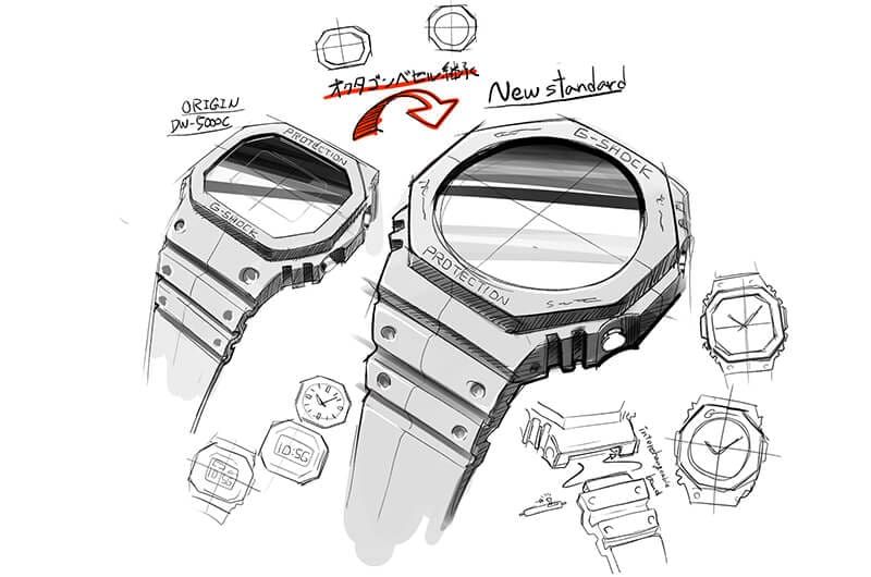 Konzeptzeichnung des ersten analogen G-SHOCK-Modells AW-500