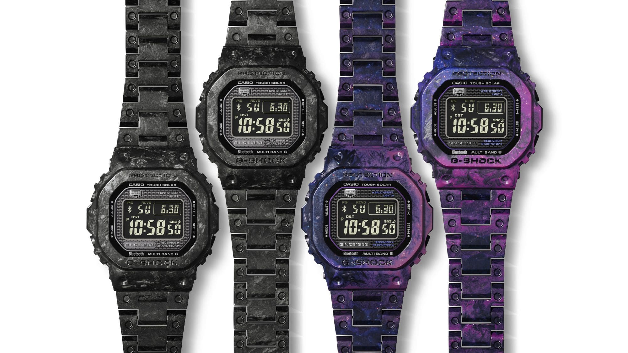 Four GCW-B5000UN wristwatches side by side, all slightly different in colour and pattern