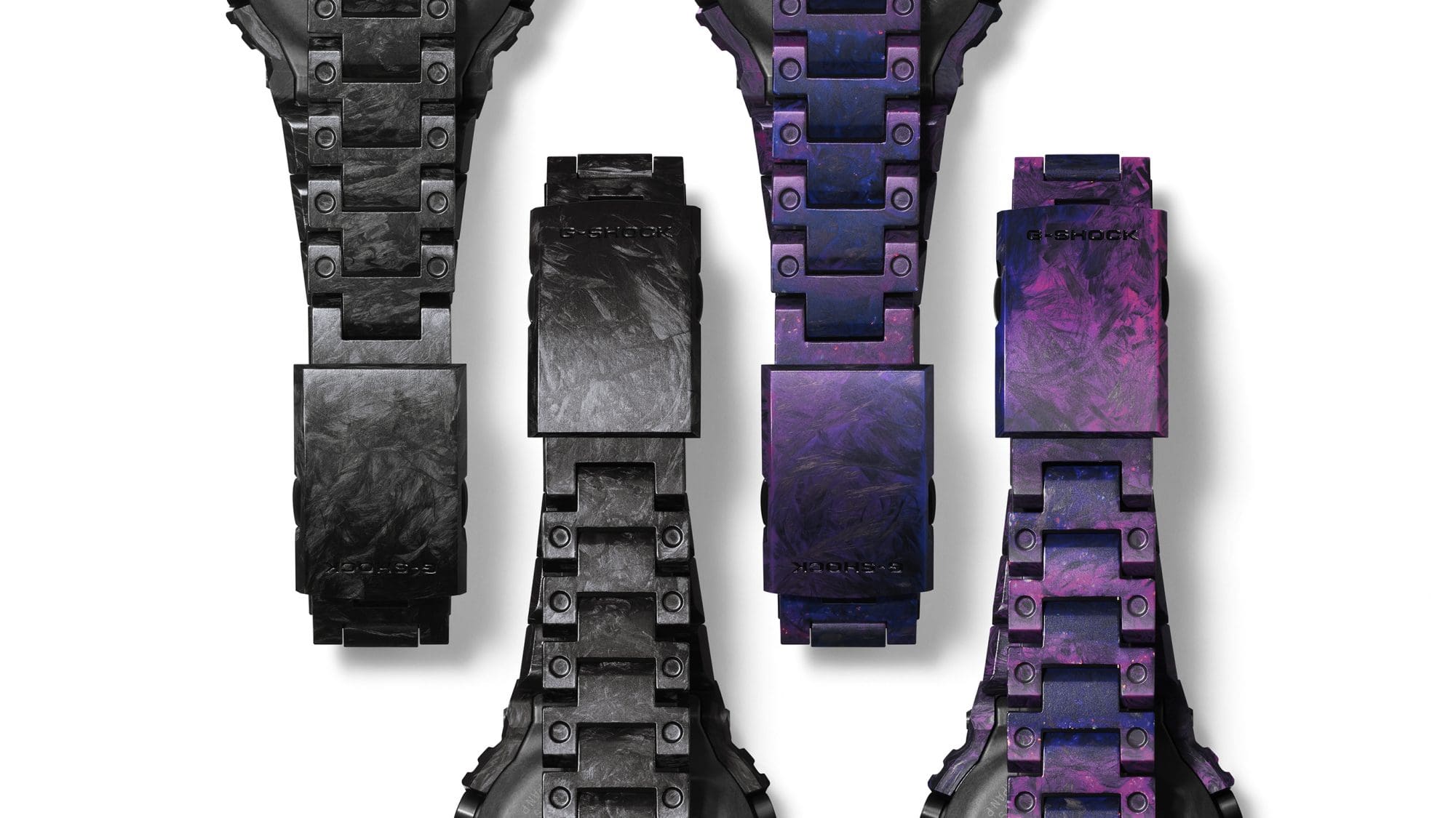 Four clasps of GCW-B5000UN wristwatches next to each other, all differing slightly in colour and pattern