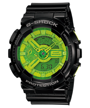The Casio G-Shock GA-110B-1A3 with black strap and fluorescent dial