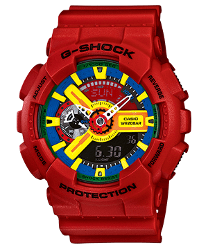 The Casio G-Shock GA-110FC-1A with red strap and blue-yellow-red dial