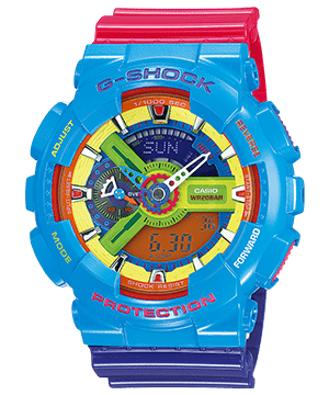The Casio G-Shock GA-110F-2 with a multi-coloured strap and dial