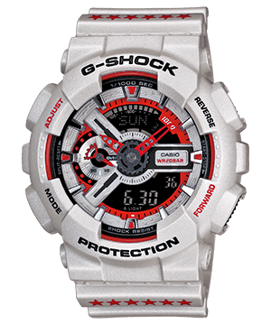 The white Casio G-Shock GA-110EH-8A with red and black accents