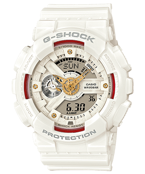 The white Casio G-Shock GA-110DDR-7A with four diamonds and red accents 