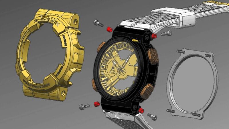 Illustration of the structure of the Casio G-Shock GM-110 models with metal bezel, inner case and case back