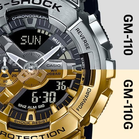 A G-Shock wristwatch, the upper half consisting of the silver-coloured GM-110, the lower half of the gold-coloured GM-110G
