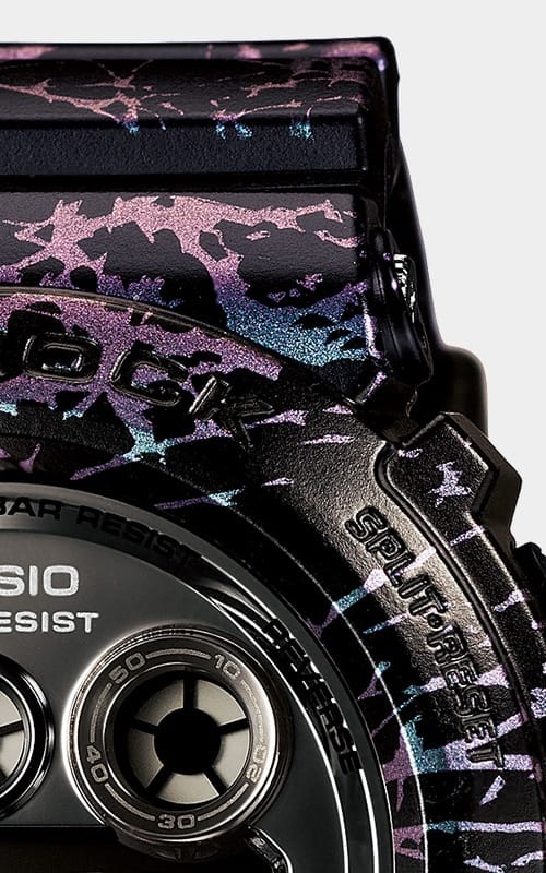 Close-up of the black-metallic marbled case of the Casio G-Shock GD-X6900PM-1