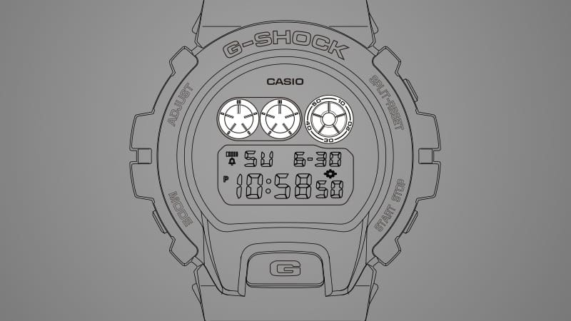 Sketch of a 6900 series model in grey, with the three circular graphic displays of the dial highlighted in white