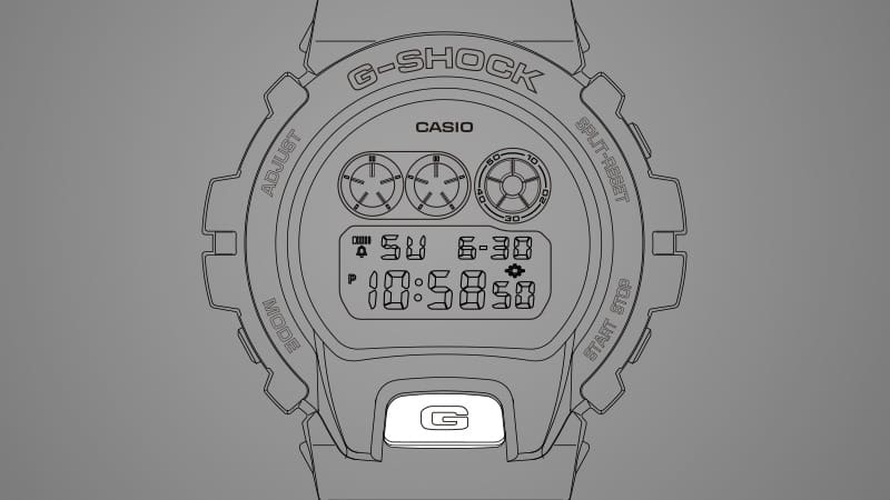 Sketch of a 6900 series model in grey, with the backlight button highlighted in white