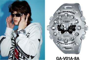 The silver big case watch GA-V01 and a person wearing the watch and silver sunglasses next to it