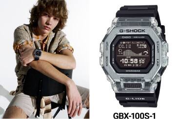 A young man wearing a metallic G-SHOCK, posing with arms resting on a chair. Next to that a product image of the watch with a digital rectangular display and a black resin band.