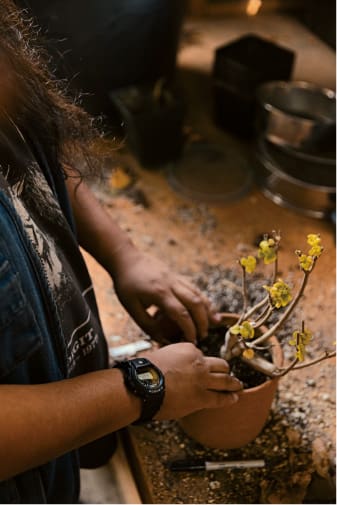 A man wearing a G-Shock is handling a cactus.