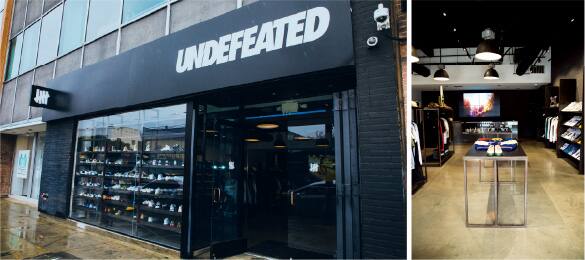 Left: Exterior view of the UNDEFEATED shop, right: Interior view of the UNDEFEATED shop