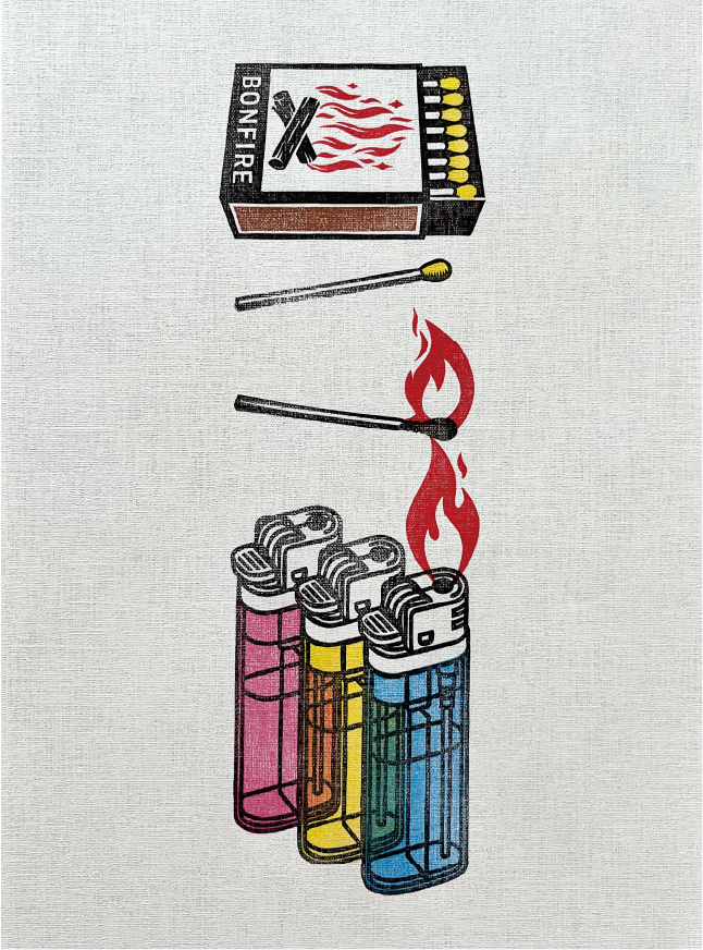 02 Graphic with lighters and matches in shades of pink, yellow and blue