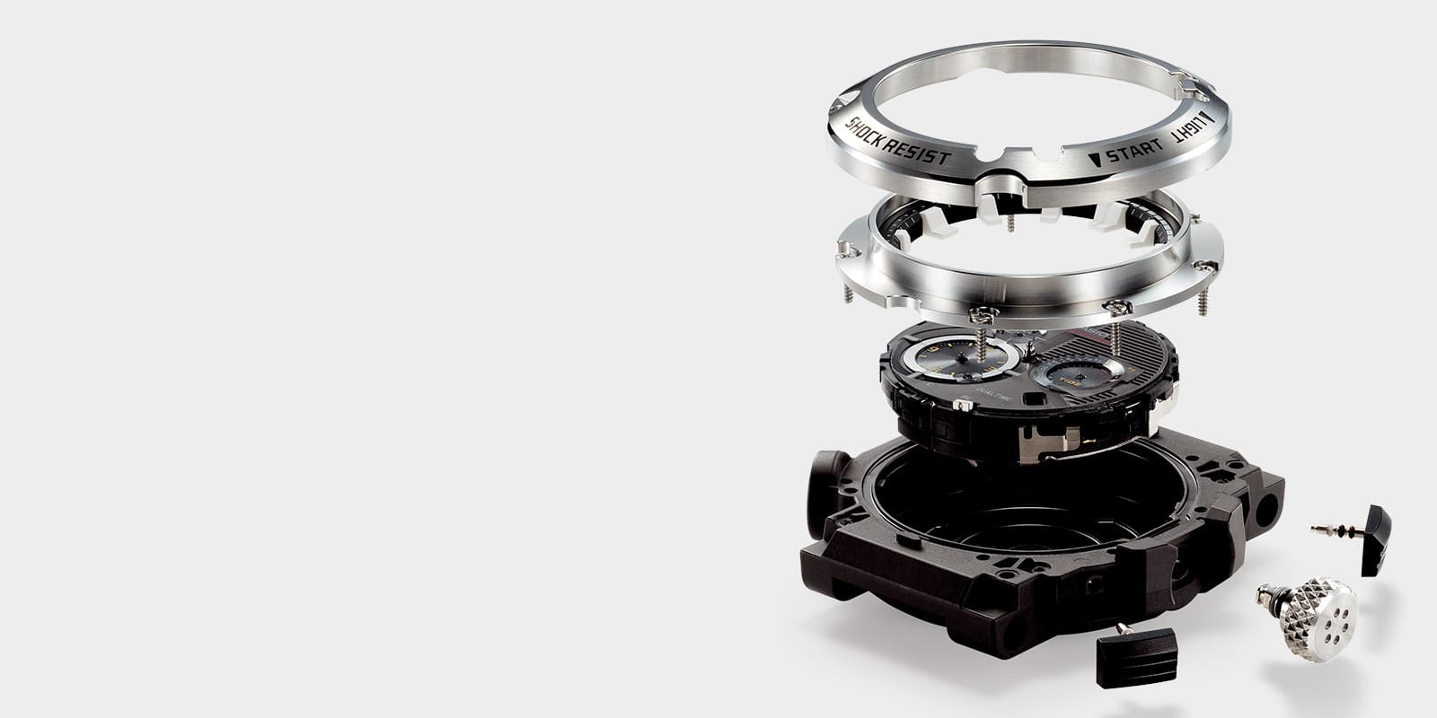 Case components of a Casio G-Shock GWF-A1000 wristwatch shown on top of each other