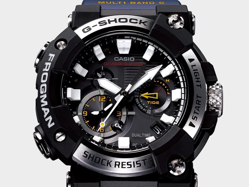 Close-up of the dial of a black Casio G-Shock GWF-A1000 analogue wristwatch